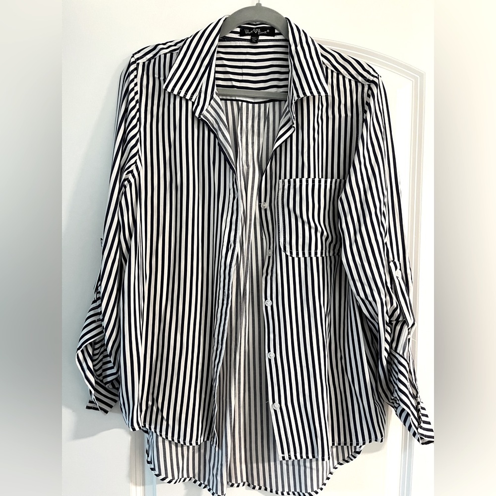Navy/white striped button down women’s shirt